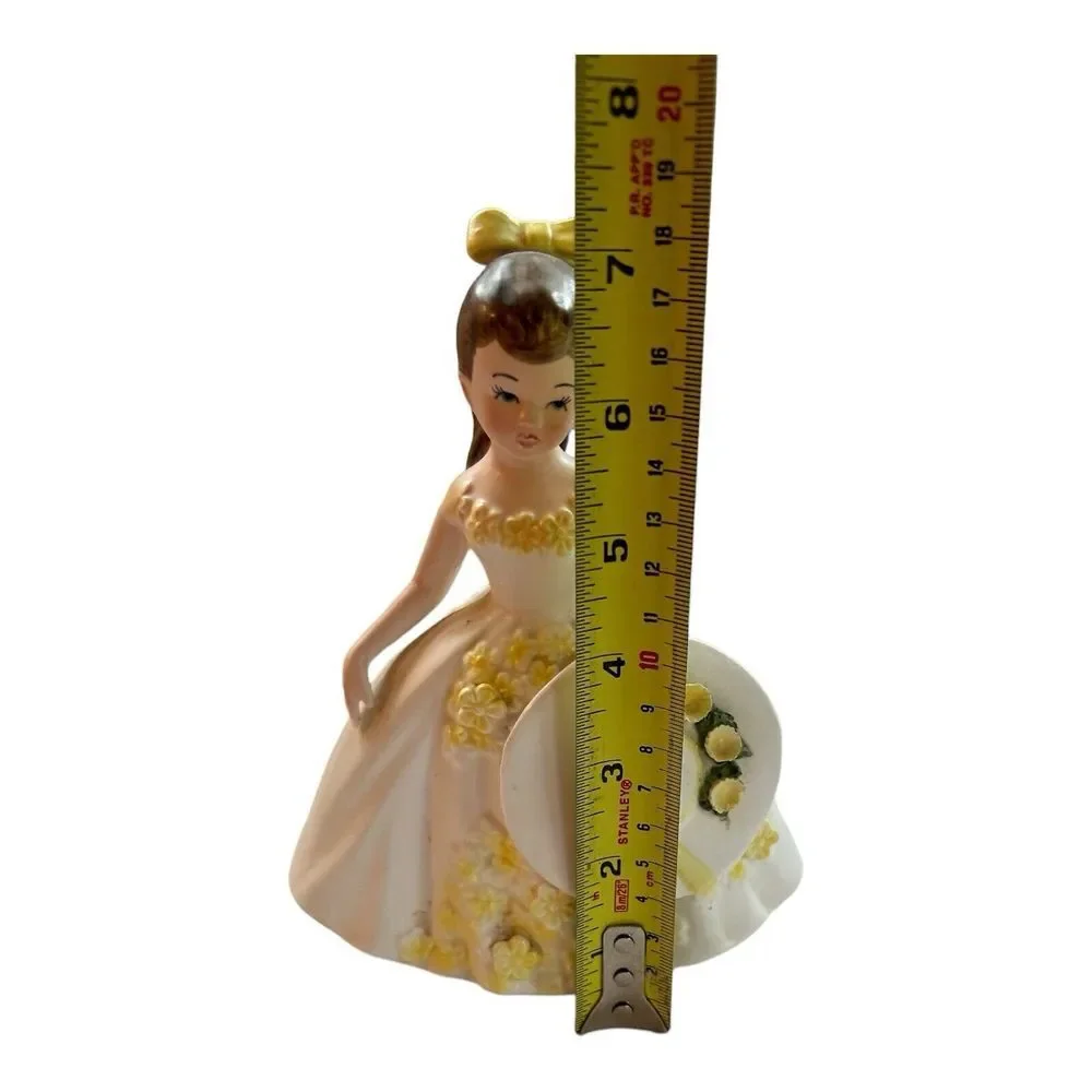 Vintage Lefton Girl Planter Brunette with‎ Bow  Dress W/Yellow Flowers & Hat
